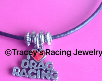 I Love Drag Racing necklace on blk cord IDR-1  Tracey's Racing Jewelry Exclusive items