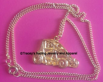 Non Wing Ford Focus midget sprint car pewter necklace.  Tracey's Racing Jewelry gold tone