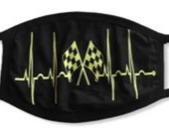EKG checkered flag racing face covering mask. Bright yellow glitter vinyl
