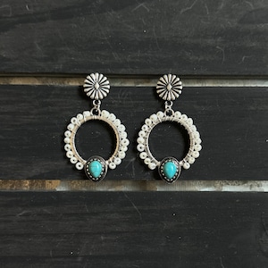White & Turquoise Beaded Hoop Earrings