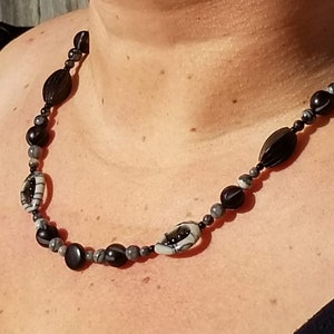 Handmade Necklace Featuring Picasso Jasper, Carved Black Horn with Carved Buri Seeds and Glass
