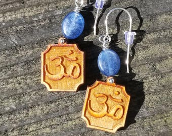 Handmade Earrings Featuring Blue Kyanite & Wooden Ohm