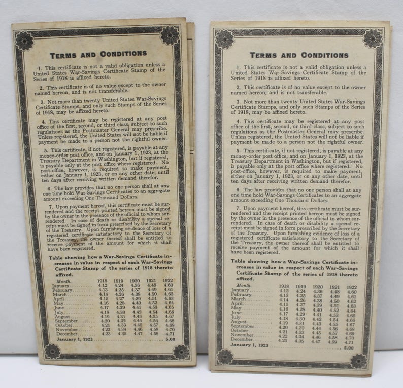 Original United States of America Unused War-Savings Certificates Series of 1918 image 2