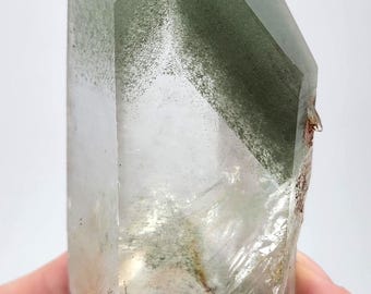 Large Green Chevron Phantom Quartz: 12.8 cm Long, Mina Zeca De Souza Brazil- Stands, Partial Polish- ST10