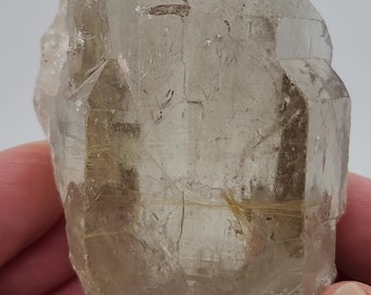 Unpolished Smokey Quartz Golden Rutile- Bahia Brazil- 8 cm Long- Growth Interruption, Champagne Hue, Stair Step Growth, Cathedral Like- #5