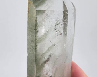 Green Chevron Phantom Quartz: 13 cm Long, Mina Zeca De Souza Brazil, Large Wand, Partial Polish- ST13