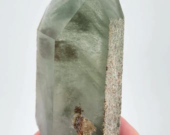 Green Chlorite Phantom Quartz: 12 cm Long, Mina Zeca De Souza Brazil- Stacked Chevrons, Partial Polish- ST18