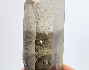 Shaman Quartz:  10.9 cm Long, Mina Zeca De Souza, Brazil- Etched Shovel Face, Empathic Key, Partial Polish- ST38