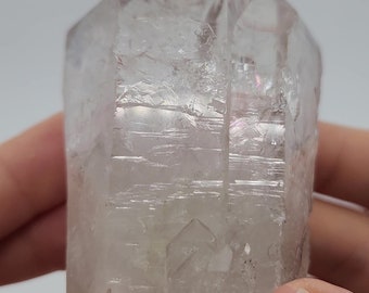 Twin 'Cube Codex' Crystal 3.1 inch or 7.9 cm Long- Serra Do Cabral, Brazil- Delicate Pink, Rainbows, Cube Etchings, Self Healed Base- SB40