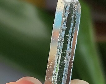 Beryl var. Aquamarine 3.3cm or 1.3in from Shigar Valley, Skardu, Pakistan- Etched Crystal, Small Black Tourmaline Rider, Silky Luster- AQ3