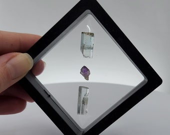 Two Aquamarine, Shigar Valley Pakistan and One Mini Amethyst Scepter from Zambia- Standing Display Case Included- Mini Crystal Grid- DS10
