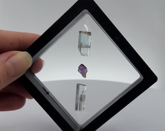 Two Aquamarine, Shigar Valley Pakistan and One Mini Amethyst Scepter from Zambia- Standing Display Case Included- Mini Crystal Grid- DS10