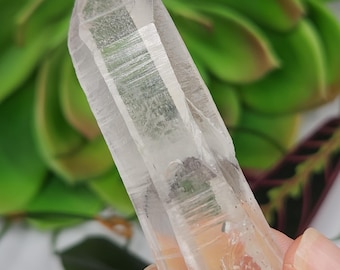 Lemurian Quartz Crystal from Peru- 7.3 cm Long Free Standing Tower- Pyramid Inclusion, Smooth Empathic Base, Etched Keys- #3