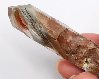 Amphibole Quartz Crystal 3.2in or 8.2cm Long from Brazil- 'Angle Quartz' Wand, Etched Self Healed Base, Multiple Colorful Inclusions- AA8