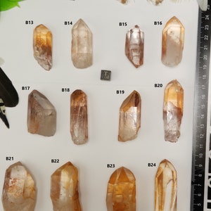 May include: A collection of 12 clear quartz crystals with varying shades of orange and brown. The crystals are arranged in rows on a white surface with a ruler for scale. The crystals are labeled with numbers B13 through B24.