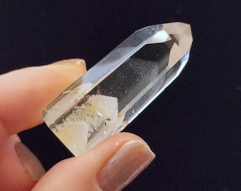 Polished Phantom Quartz: 1.7in or 4.4cm long- Standing Petite Tower, Staked Chevrons- R23