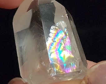 Polished Phantom Quartz: 1.2in or 3.1cm long- Rainbow Standing Petite Tower, Staked Chevrons- R29