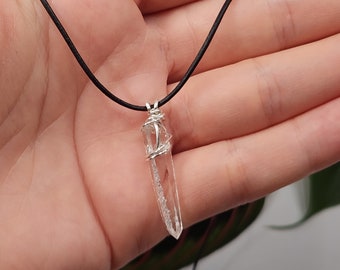 Optical Starbrary Quartz Crystal Pendant on Adjustable Leather Cord- Sterling Silver Wire Wrap, Simple Dainty, Elegant- 3.4cm Long- #13