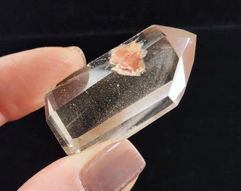 Polished Phantom Quartz: 1.6in or 4.2cm long- Standing Petite Tower, Scenic Micro Cluster Inclusions- R12