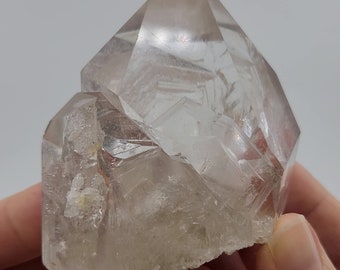 Standing Quartz Cluster- 4.7 cm Tall- Serra Do Cabral, Brazil- Clear, Geometric Key Connection, Recrystallized Base, Records- SB21