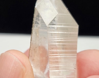 Lemurian Seed Quartz- 1.7inch or 4.2cm long- Serra Do Cabral Mountains Brazil- Stands at Angle, Green Chlorite, High Texture Lines- A1
