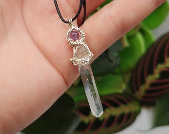 Quartz Crystal & Amethyst Bead Wire Wrapped Pendant on Leather Cord- Sterling, Whimsical, Rustic, Cosplay, Fairy, Wizard- 5cm Long- #14