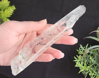 Starbrary Quartz with Green Mica 6.9 inch or 17.5 cm Long Singing Wand, Diamantina Brazil- Key Crystal, Etched, Mossy Garden Like- #4