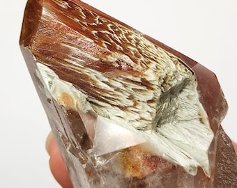 Amphibole Quartz Crystal 3.8in or 9.6cm Long from Brazil- 'Angle Quartz', Self Healed Etched Base, Spade Goddess Isis- AA6