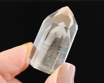 Polished Phantom Quartz: 1.5in or 3.9cm long- Standing Petite Tower, Lemurian Line Phantom- R19