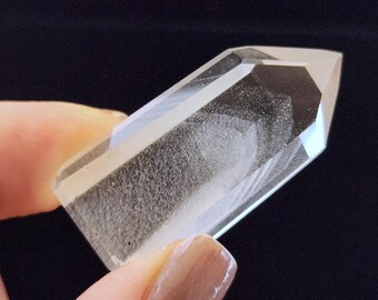 Polished Phantom Quartz: 1.7in or 4.3cm long- Standing Petite Tower, Staked Chevrons- R24