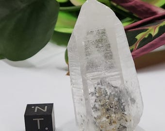 Lemurian Quartz Crystal from Peru- 5 cm Long Galena Inclusion- Self Standing Tower, Barnacle Manifestations, Unique Growth Lines- #2