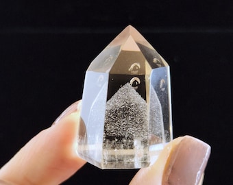Polished Phantom Quartz: 1.4in or 3.6cm long- Crescent Moon Scene, Standing Petite Tower- R20