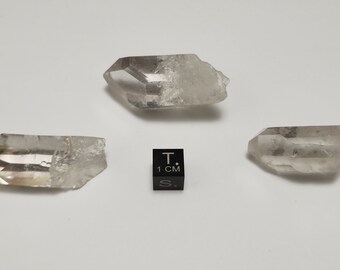 Three Quartz 'Cube Codex' Crystals- 4-4.4 cm Long- Serra Do Cabral, Brazil- Optically Clear, Multipaned Diamond Windows, Record Keepers- A13