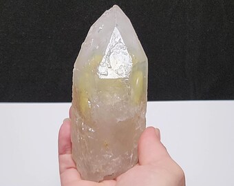 Large Dissolution Quartz 4.4 in or 11.2 cm Long- Serra Do Cabral, Brazil- Sulfur and Chlorite Inclusion, Tree Rune Etching on Face- HB17