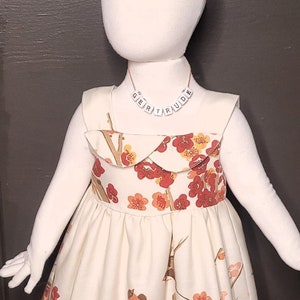 2T Girls Cotton Dress Vintage Tablecloth Fabric Cream with Cherry Blossom and Bird Pattern Cotton Lining Handmade