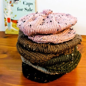 Infant To Adult Hand Knit Newsboy Cap in Machine Washable Acrylic Yarn Tweed Gray Black Brown Green Pink Preemie Toddler Child