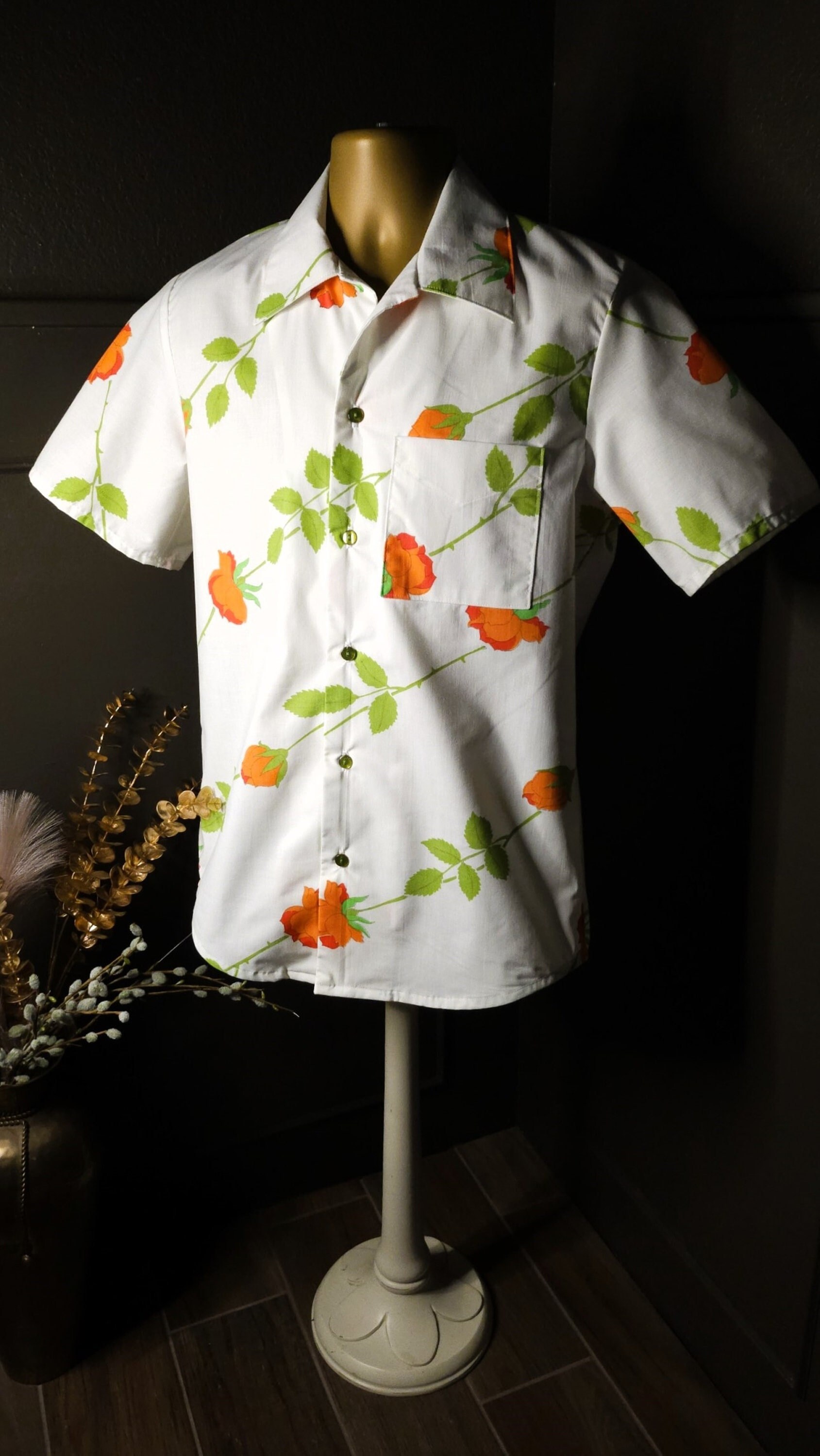 Men's Collared Shirt Vintage Cotton Blend White With Orange Roses