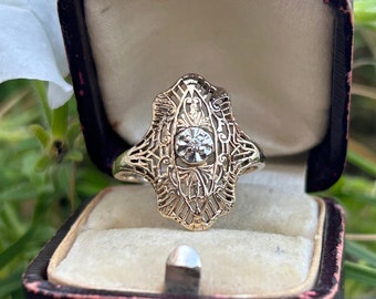 Antique Art Deco inspired filagree shield ring with diamond in 10k Yellow Gold