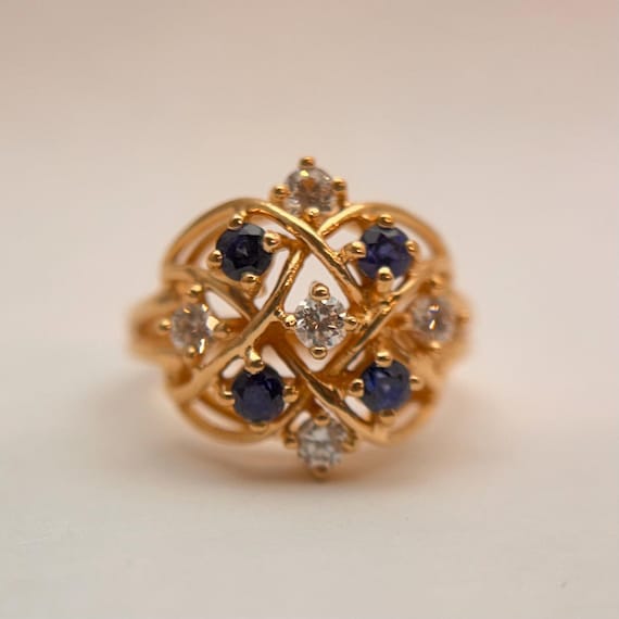 Vintage crosshatch design statement ring with dia… - image 3