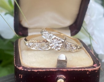 Vintage dainty designer wedding anniversary engagement diamond solitaire set stamped by LOVELAND in 14K two tone gold