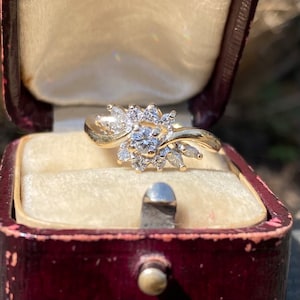 Vintage Bypass Diamond Solitaire Cocktail Statement Ring with Marquise Accents in 14k Yellow Gold