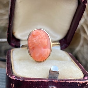 Antique Victorian Coral Cameo Ring Bezel Set in 14k Yellow Gold