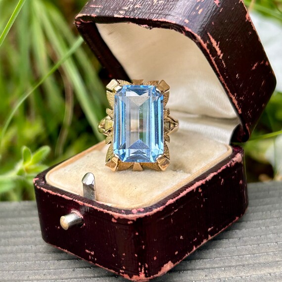 Vintage Emerald Cut Synthetic Aquamarine Cocktail Ring With Retro