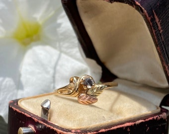 Vintage dainty Black Hills wedding anniversary engagement with a smoky quartz center in 10K tri-tone gold