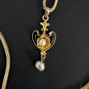 Antique Late Victorian Edwardian Gold, Enamel, and Pearl Buttercup Lavalier Pendant for necklace layering in 10k yellow gold