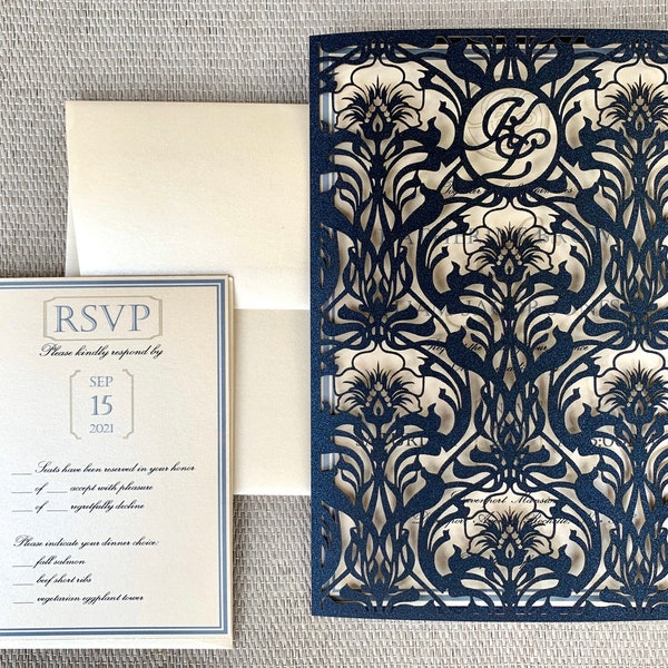 Art Nouveau floral laser cut wedding invitation with custom monogram, Art Deco wedding invitation, Great Gatsby style floral invitation