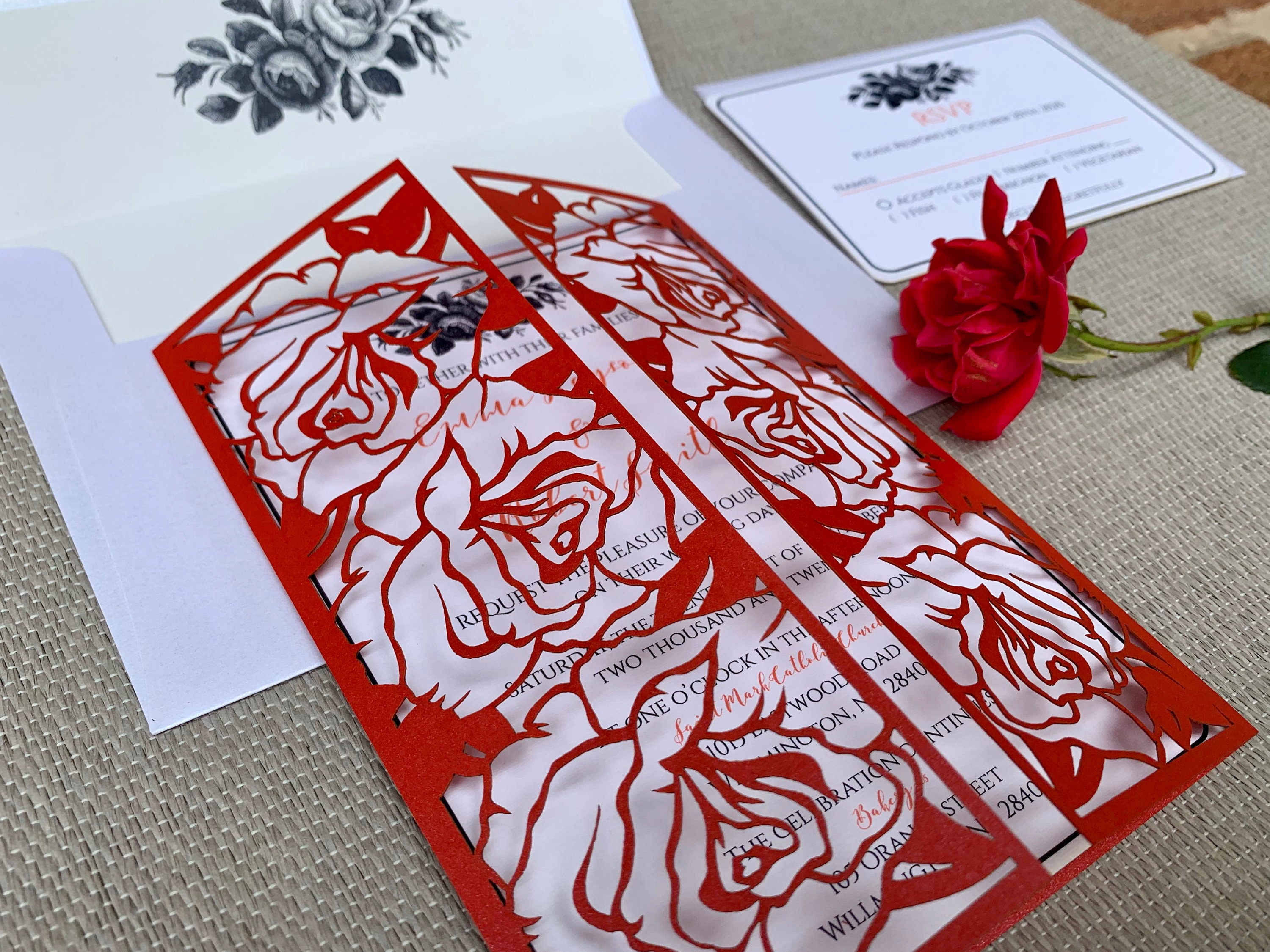Laser Cut Red Roses Wedding Invitation Laser Cut Flowers Etsy