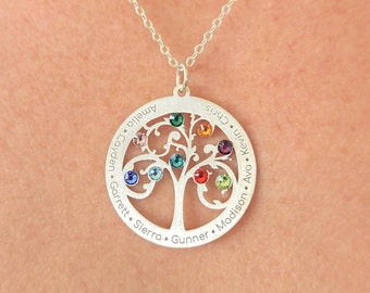 Custom Sterling Silver Family Tree Necklace: Personalized Birthstone Grandma Gift
