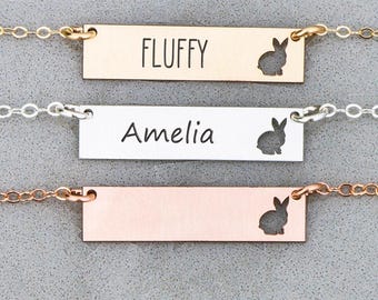 Personalized Bunny Necklace: Sterling Silver Rabbit Bar Charm