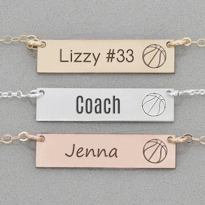 Basketball Jewelry • Sports Charm Necklace Basketball Bar Pendant • Silver Personalized Bar Custom Engraved Team Gift Coach